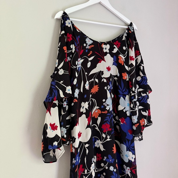 Parker 100% Silk Floral Cold Shoulder Tiered Sleeves Mini Dress Black Blue Small - Picture 8 of 12